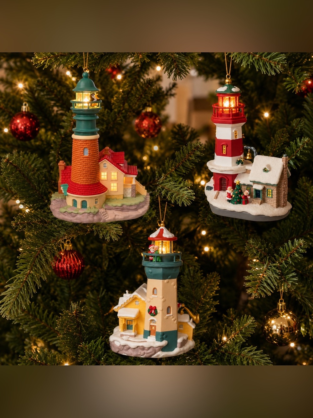 3 Flashing Beacon Light Lighthouses Hallmark Keepsake Ornaments